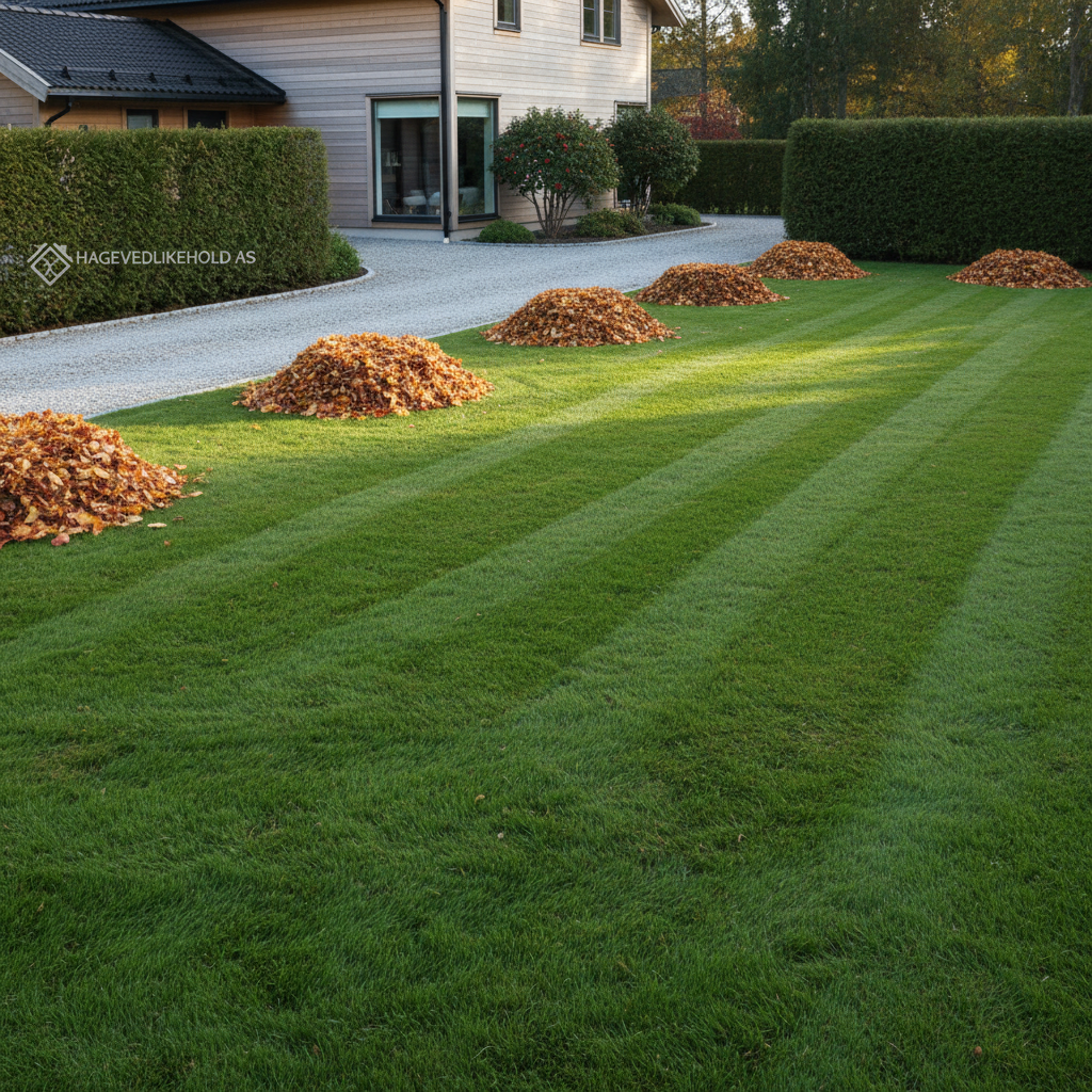 A tidy Oslo front garden in early autumn, freshly serviced by a professional hagevedlikehold firm. The lawn remains green and evenly cut, while scattered golden and red leaves have been neatly raked into ordered piles along a gravel driveway. A compact, modern Norwegian house with light wooden cladding stands in the background, framed by trimmed hedges and a few hardy shrubs. Photographic realism with soft, slightly cool late-afternoon light highlighting the textures of grass, leaves, and gravel. Shot from a slightly elevated angle, providing a complete overview of the organized outdoor space. The mood is reassuring and practical, demonstrating year-round ute-service and garden care without any human figures present.