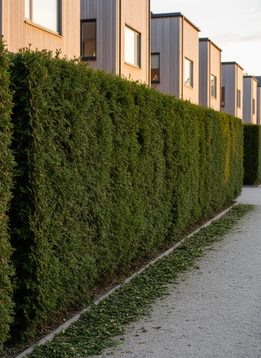 A long, dense evergreen hedge in a typical Oslo residential neighborhood, freshly trimmed into a perfectly straight, sharp-edged form. The deep green foliage shows clean, uniform cuts, with a few fallen clippings neatly gathered at the base on a light gravel path. In the background, minimalistic Scandinavian townhouses with light wooden facades create a subtle urban context. Photographic realism with an eye-level, side-on composition that emphasizes the precise line of the hedge receding into the distance. Soft evening light with a slightly warm tone casts delicate shadows along the hedge surface, reinforcing a mood of order, care, and professional hekkeklipping services, without any visible people or tools in frame.