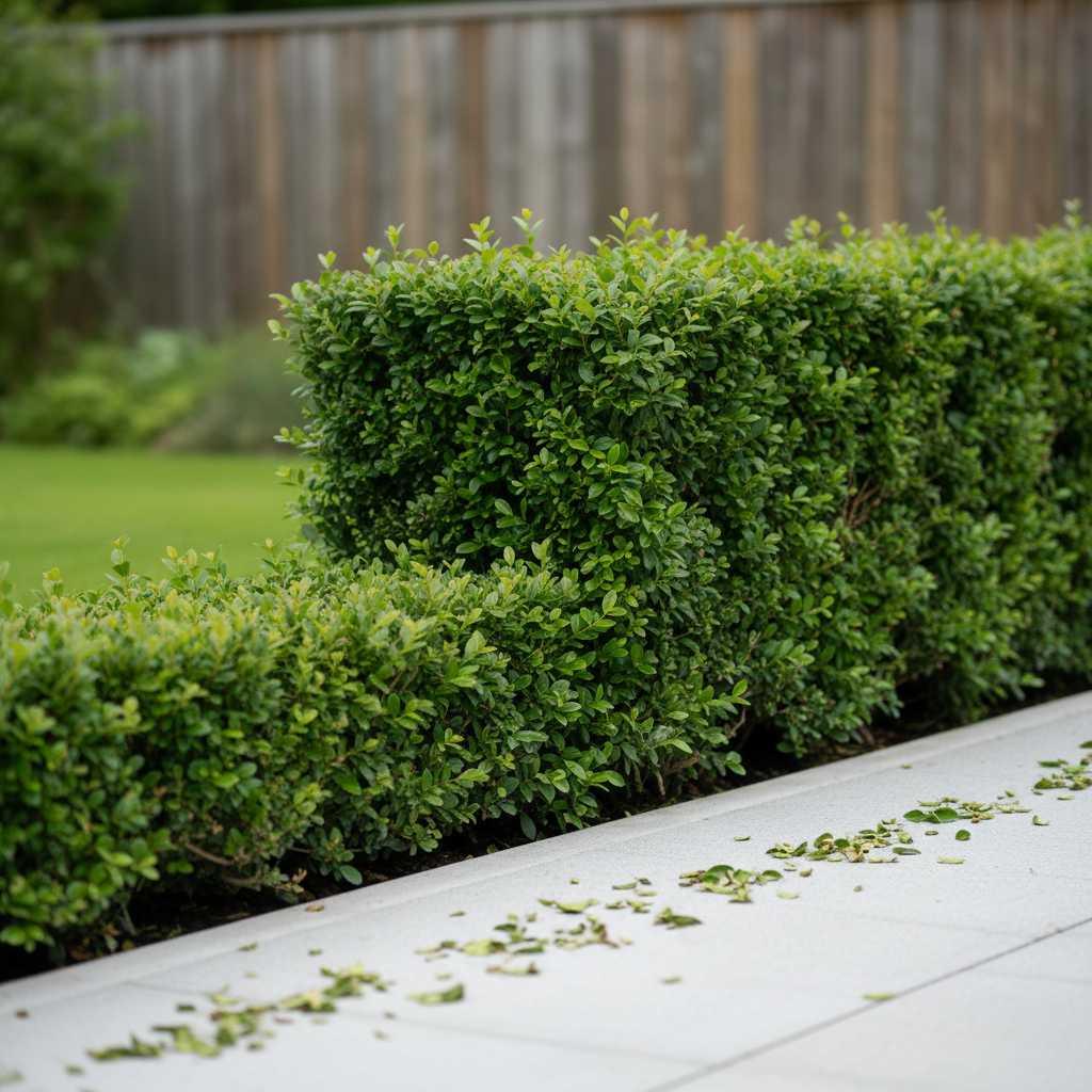A detailed, photographic close-up of a hedge corner in an Oslo garden, where two sections meet in a perfectly crisp 90-degree angle created by professional trimming. Each leaf of the dense green foliage is clearly defined, and the edge is razor-straight, contrasting with a smooth, light grey concrete path running alongside. Tiny, freshly cut leaf fragments rest neatly on the path, hinting at recent work. Shot at eye level with a macro-like, shallow depth of field that blurs the background into soft suggestions of a lawn and wooden fence. Overcast daylight gives even, neutral lighting, emphasizing precision and control, ideal for showcasing expert hekkeklipping with a clean, professional, and modern aesthetic.