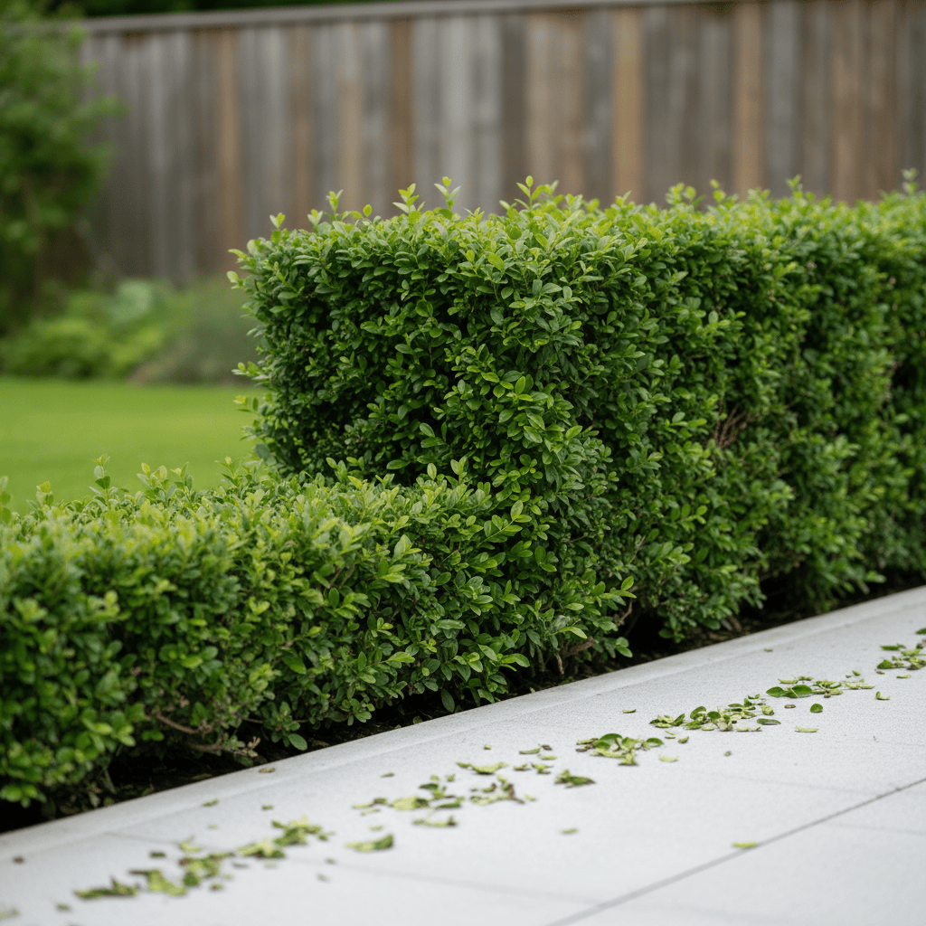 A detailed, photographic close-up of a hedge corner in an Oslo garden, where two sections meet in a perfectly crisp 90-degree angle created by professional trimming. Each leaf of the dense green foliage is clearly defined, and the edge is razor-straight, contrasting with a smooth, light grey concrete path running alongside. Tiny, freshly cut leaf fragments rest neatly on the path, hinting at recent work. Shot at eye level with a macro-like, shallow depth of field that blurs the background into soft suggestions of a lawn and wooden fence. Overcast daylight gives even, neutral lighting, emphasizing precision and control, ideal for showcasing expert hekkeklipping with a clean, professional, and modern aesthetic.