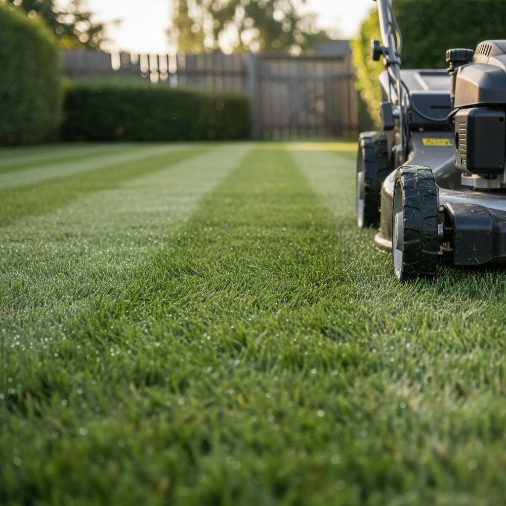 A close-up, photographic view of a professional lawnmower’s steel blades leaving clean stripes on a lush Oslo garden lawn. The main focus is the crisp contrast between freshly cut and uncut grass, with tiny grass clippings visible along the edge and dew droplets catching the light. The mower itself is partially visible from the side, showcasing robust wheels, a clean metal deck, and well-maintained equipment. Shot at a low angle near ground level with shallow depth of field, the background softens into a blur of hedges and simple wooden fences. Soft late-afternoon natural light creates subtle highlights and gentle shadows, setting a precise, efficient, and trustworthy atmosphere suitable for a professional hagevedlikehold service.