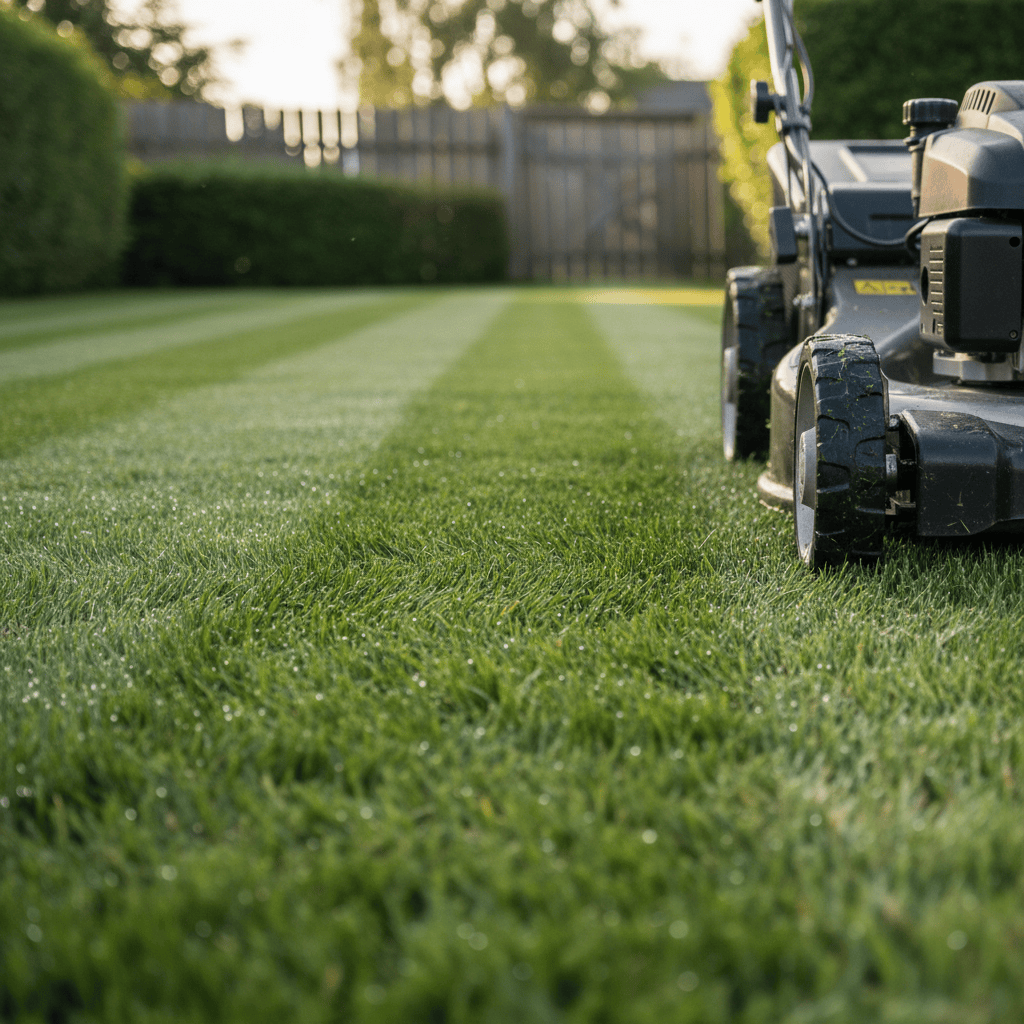A close-up, photographic view of a professional lawnmower’s steel blades leaving clean stripes on a lush Oslo garden lawn. The main focus is the crisp contrast between freshly cut and uncut grass, with tiny grass clippings visible along the edge and dew droplets catching the light. The mower itself is partially visible from the side, showcasing robust wheels, a clean metal deck, and well-maintained equipment. Shot at a low angle near ground level with shallow depth of field, the background softens into a blur of hedges and simple wooden fences. Soft late-afternoon natural light creates subtle highlights and gentle shadows, setting a precise, efficient, and trustworthy atmosphere suitable for a professional hagevedlikehold service.