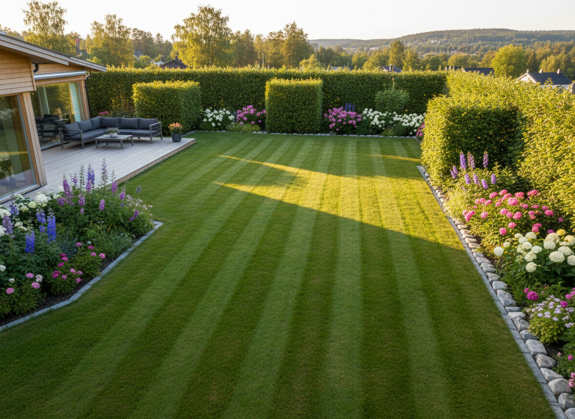 A panoramic, photographic view of a medium-sized Oslo backyard transformed by professional hagevedlikehold: an evenly cut lawn, geometrically trimmed hedges, and tidy flowerbeds edged with light grey stones. A simple wooden terrace with clean lines extends from a modern, light-colored house, and all fallen leaves and debris are conspicuously absent, emphasizing cleanliness. Captured at golden hour with warm, low-angle sunlight creating gentle, elongated shadows that highlight the lawn’s subtle striping and the hedges’ precise shapes. Shot from a slightly elevated corner, using the rule of thirds for a balanced, inviting composition. The mood is serene, orderly, and distinctly Scandinavian, reinforcing a sense of dependable, high-quality outdoor maintenance.
