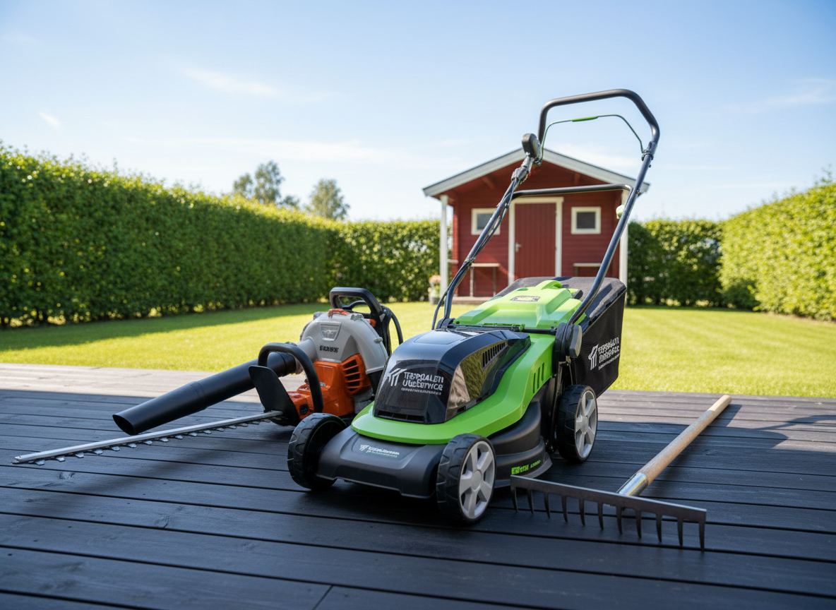 A well-organized collection of professional garden maintenance tools laid out on a clean, dark wooden deck in Oslo. Visible are a modern lawnmower, hedge trimmer, leaf blower, and sturdy garden rake, all in pristine condition with subtle metallic reflections and durable plastic casings. Behind them, a neatly maintained lawn and trimmed hedge provide context, while a small wooden shed with a Scandinavian design stands in the background. Shot from a slightly elevated angle in clear midday natural light, with sharp focus and a balanced composition. The atmosphere is orderly, competent, and reliable, designed to visually communicate Teppdalen UteService’s complete hagevedlikehold offering in a realistic, professional photographic style.
