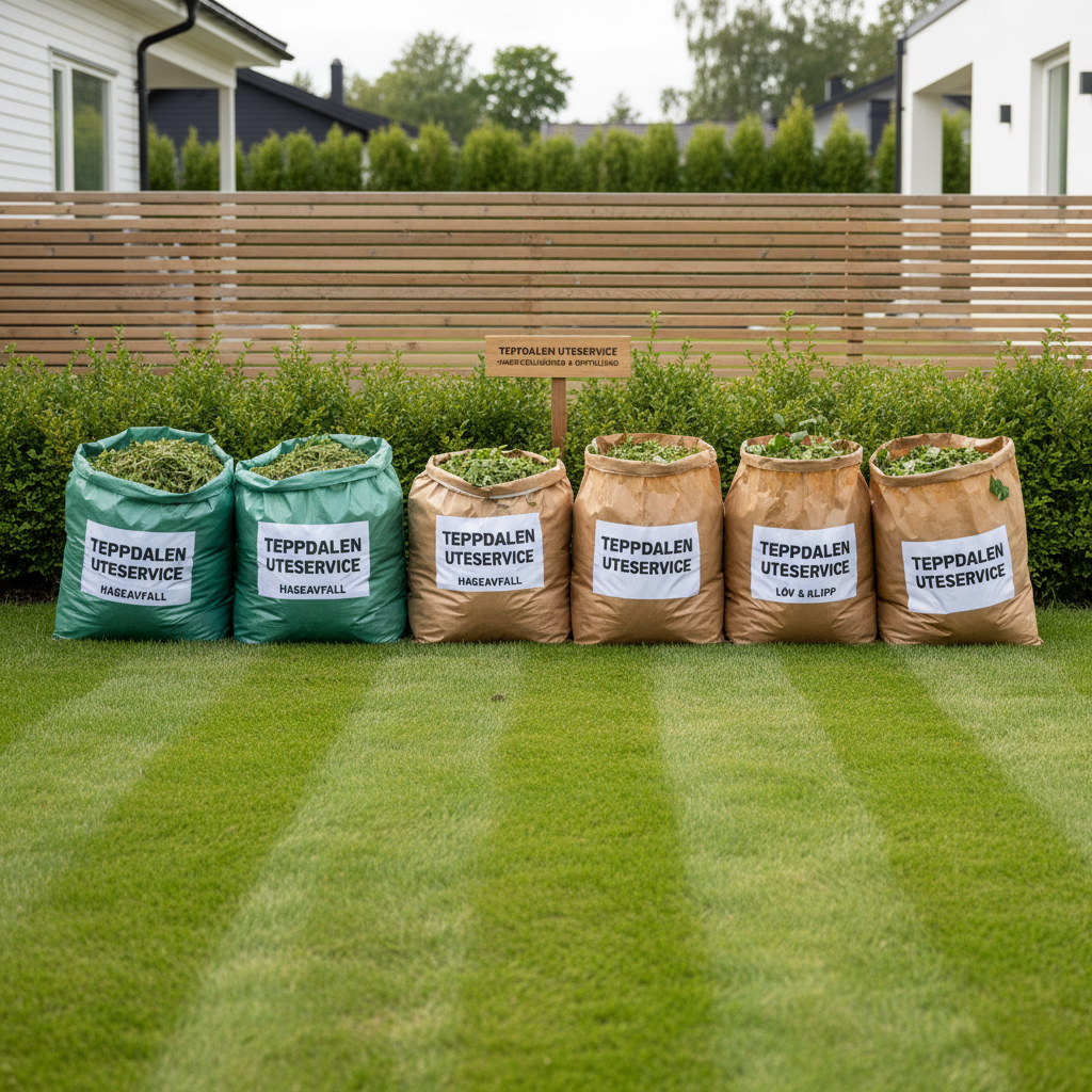 An orderly row of sturdy, labeled garden waste bags and brown paper leaf sacks lined up along the edge of a freshly cut lawn in an Oslo suburb, ready for collection. Each bag is neatly filled with grass clippings and hedge trimmings, with a few green fragments visible at the openings. Behind them, a short, even hedge and a small, minimalist wooden fence define the property line. Captured in bright but slightly diffused midday daylight, with clean, natural colors and sharp detail. The composition is eye-level and centered, conveying efficiency and completion of work. The mood is professional and dependable, subtly emphasizing that Teppdalen UteService handles not just cutting, but full hagevedlikehold and cleanup.